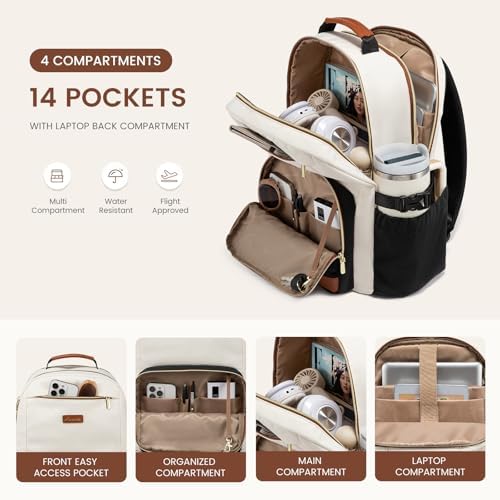 LOVEVOOK Laptop Backpack for Women with Pouch Pocket for Large Capacity Cup,15.6 Inch Laptop Computer Bag Travel Backpack Purse,Waterproof Work Business Backpack College Teacher Bags,Beige-Black-Brown - Image 3